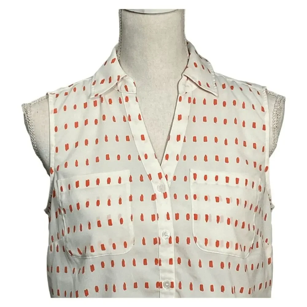 Talbots Nantucket Women's Cream & Orange Dotted Sleeveless Button-Down Blouse SM - Picture 10 of 13